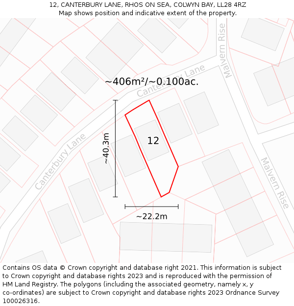 12, CANTERBURY LANE, RHOS ON SEA, COLWYN BAY, LL28 4RZ: Plot and title map