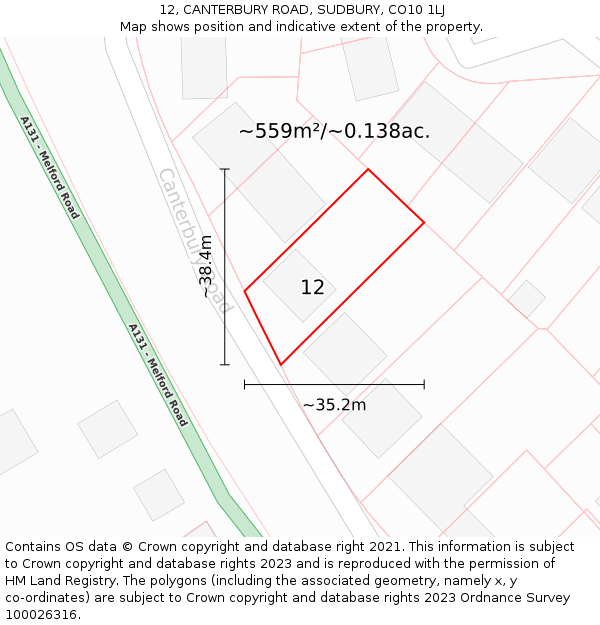 12, CANTERBURY ROAD, SUDBURY, CO10 1LJ: Plot and title map