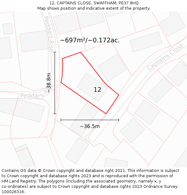 12, CAPTAINS CLOSE, SWAFFHAM, PE37 8HQ: Plot and title map