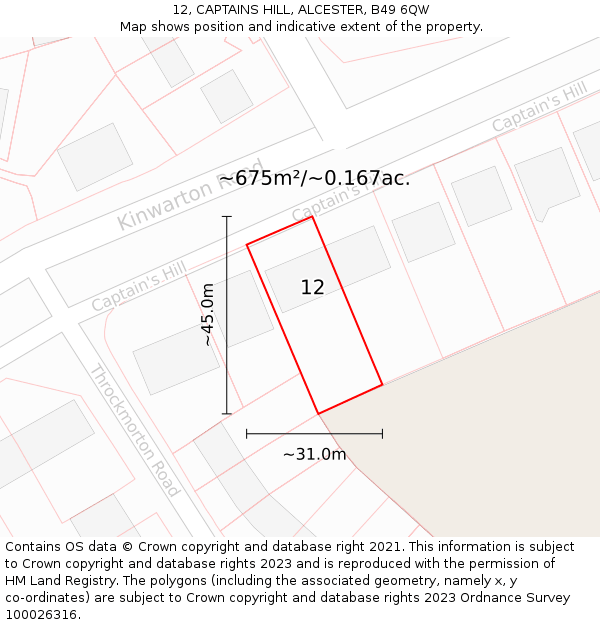 12, CAPTAINS HILL, ALCESTER, B49 6QW: Plot and title map