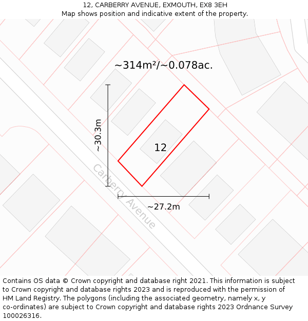 12, CARBERRY AVENUE, EXMOUTH, EX8 3EH: Plot and title map