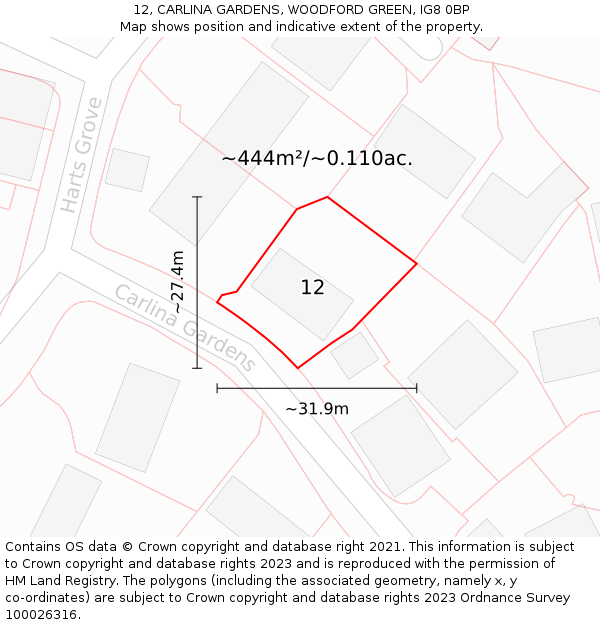 12, CARLINA GARDENS, WOODFORD GREEN, IG8 0BP: Plot and title map