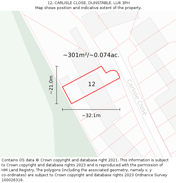 12, CARLISLE CLOSE, DUNSTABLE, LU6 3PH: Plot and title map