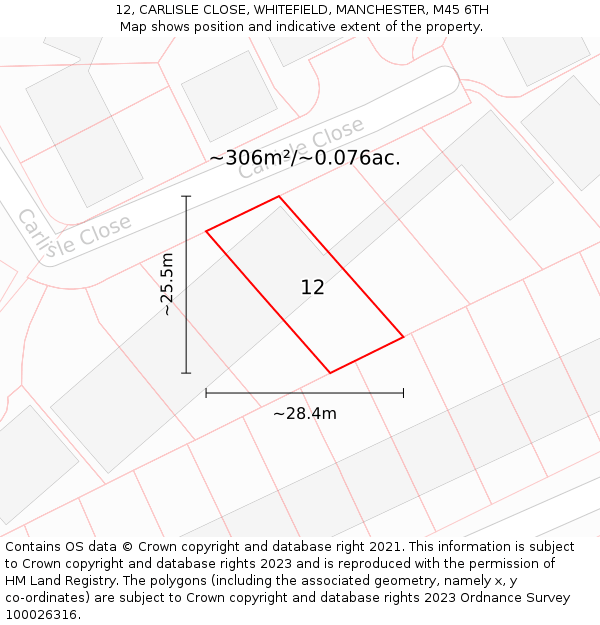 12, CARLISLE CLOSE, WHITEFIELD, MANCHESTER, M45 6TH: Plot and title map