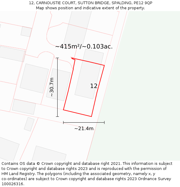 12, CARNOUSTIE COURT, SUTTON BRIDGE, SPALDING, PE12 9QP: Plot and title map