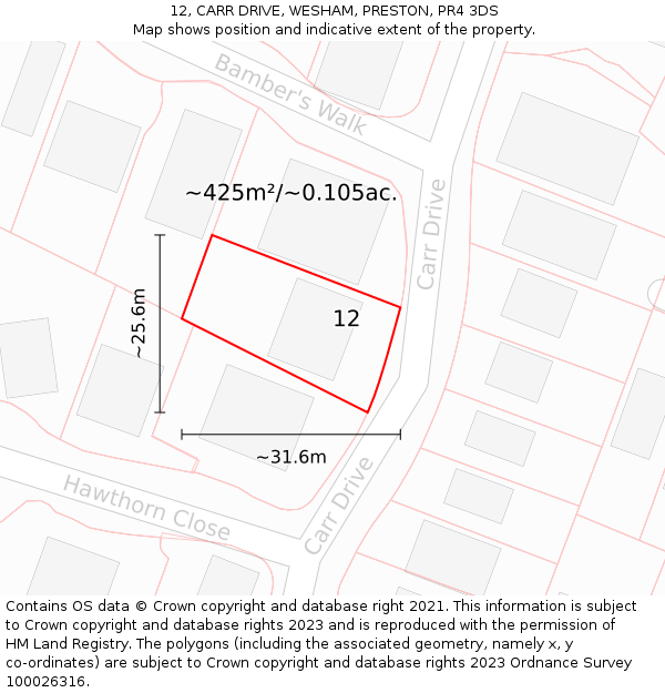 12, CARR DRIVE, WESHAM, PRESTON, PR4 3DS: Plot and title map