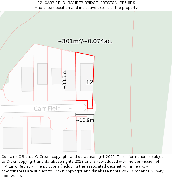 12, CARR FIELD, BAMBER BRIDGE, PRESTON, PR5 8BS: Plot and title map