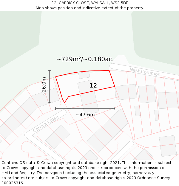 12, CARRICK CLOSE, WALSALL, WS3 5BE: Plot and title map