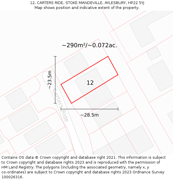 12, CARTERS RIDE, STOKE MANDEVILLE, AYLESBURY, HP22 5YJ: Plot and title map