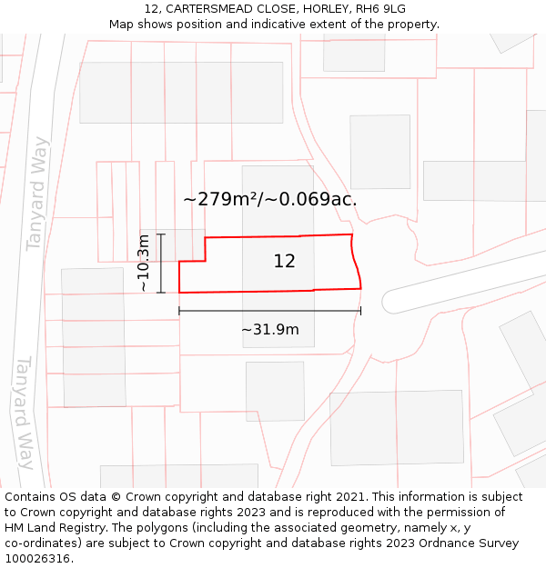 12, CARTERSMEAD CLOSE, HORLEY, RH6 9LG: Plot and title map