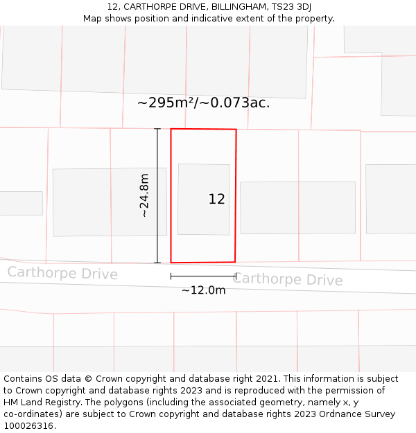 12, CARTHORPE DRIVE, BILLINGHAM, TS23 3DJ: Plot and title map