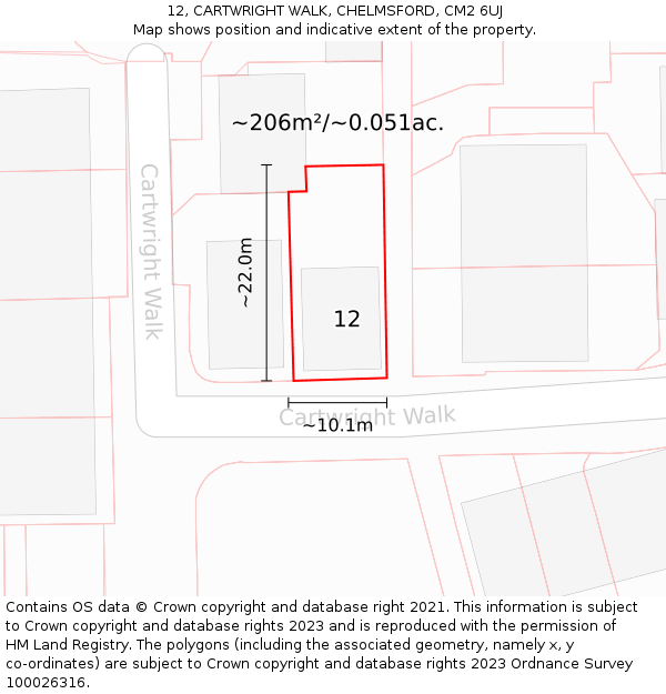 12, CARTWRIGHT WALK, CHELMSFORD, CM2 6UJ: Plot and title map
