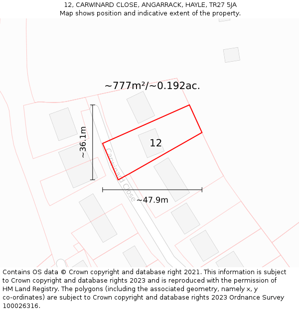 12, CARWINARD CLOSE, ANGARRACK, HAYLE, TR27 5JA: Plot and title map