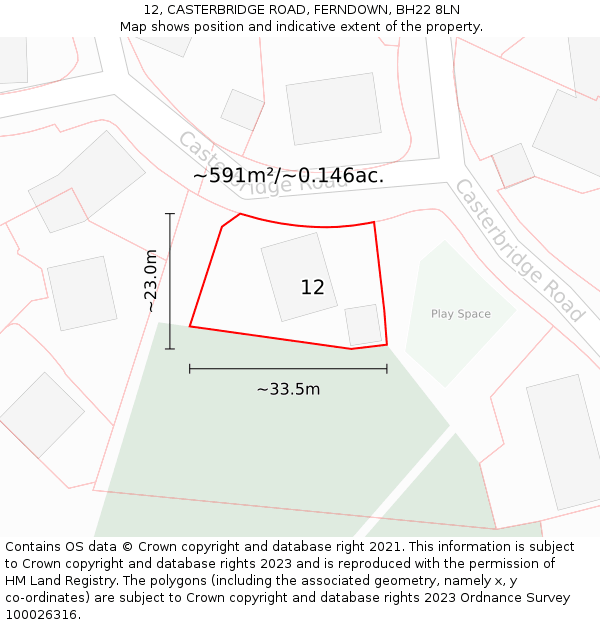 12, CASTERBRIDGE ROAD, FERNDOWN, BH22 8LN: Plot and title map