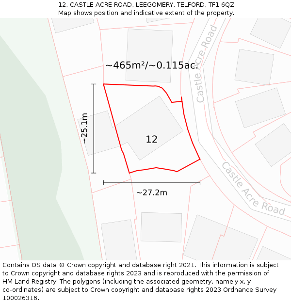 12, CASTLE ACRE ROAD, LEEGOMERY, TELFORD, TF1 6QZ: Plot and title map