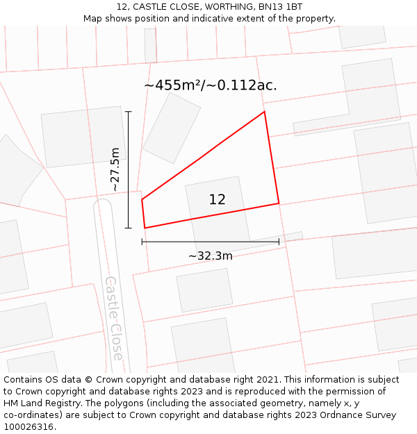 12, CASTLE CLOSE, WORTHING, BN13 1BT: Plot and title map