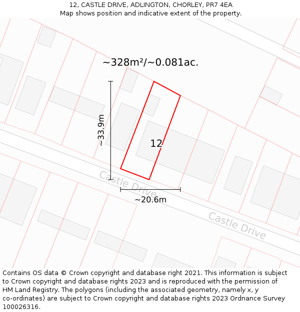 12, CASTLE DRIVE, ADLINGTON, CHORLEY, PR7 4EA: Plot and title map