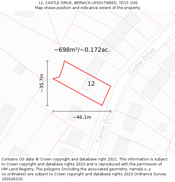 12, CASTLE DRIVE, BERWICK-UPON-TWEED, TD15 1NS: Plot and title map