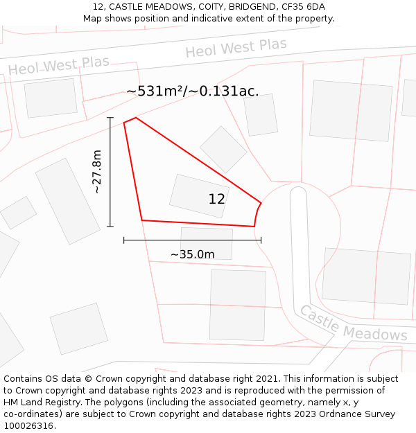 12, CASTLE MEADOWS, COITY, BRIDGEND, CF35 6DA: Plot and title map