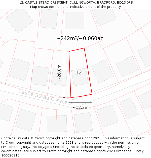 12, CASTLE STEAD CRESCENT, CULLINGWORTH, BRADFORD, BD13 5FB: Plot and title map