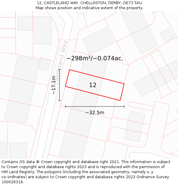 12, CASTLELAND WAY, CHELLASTON, DERBY, DE73 5XU: Plot and title map