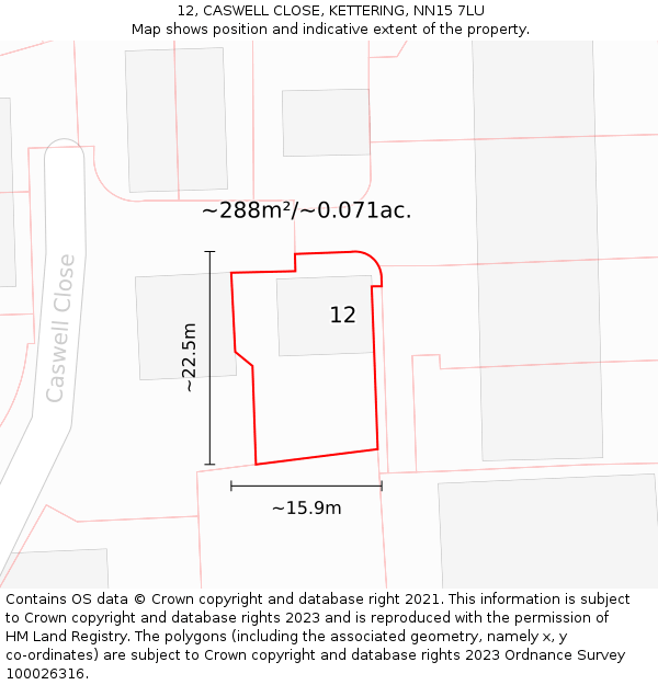 12, CASWELL CLOSE, KETTERING, NN15 7LU: Plot and title map