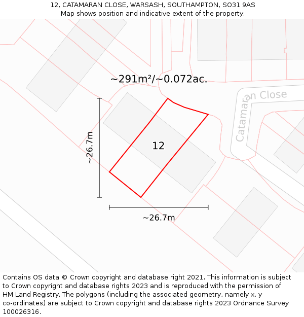 12, CATAMARAN CLOSE, WARSASH, SOUTHAMPTON, SO31 9AS: Plot and title map
