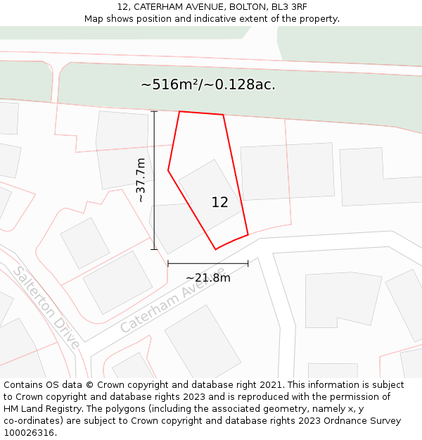 12, CATERHAM AVENUE, BOLTON, BL3 3RF: Plot and title map