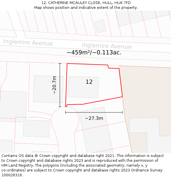 12, CATHERINE MCAULEY CLOSE, HULL, HU6 7FD: Plot and title map