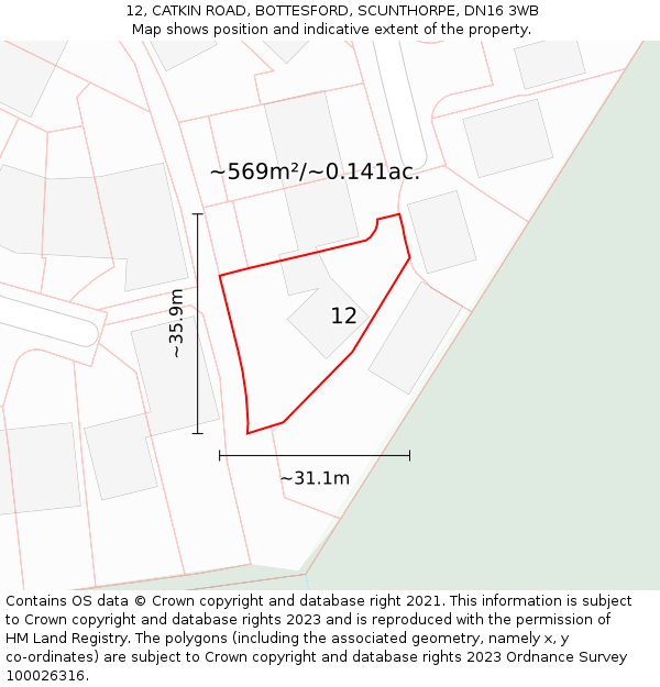 12, CATKIN ROAD, BOTTESFORD, SCUNTHORPE, DN16 3WB: Plot and title map