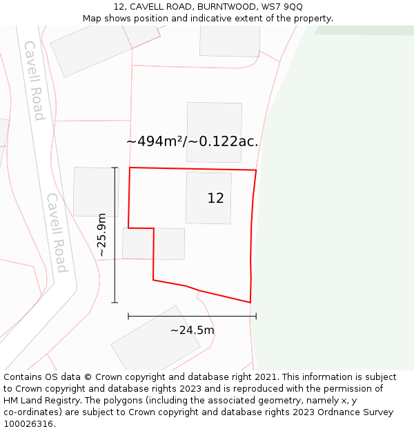 12, CAVELL ROAD, BURNTWOOD, WS7 9QQ: Plot and title map