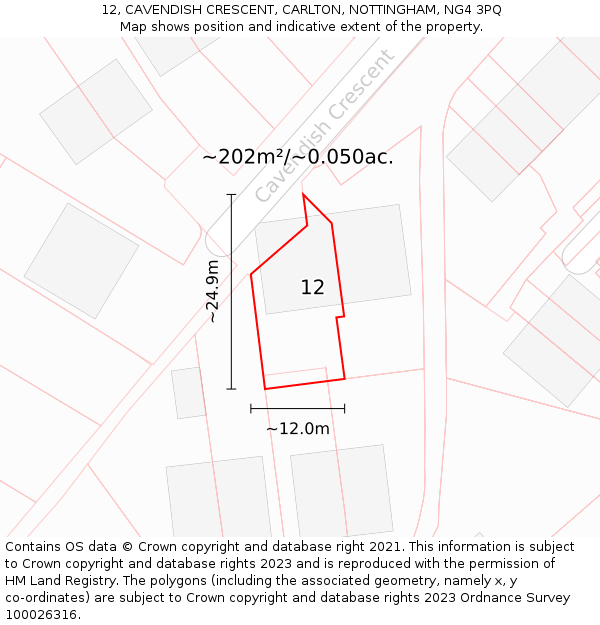 12, CAVENDISH CRESCENT, CARLTON, NOTTINGHAM, NG4 3PQ: Plot and title map