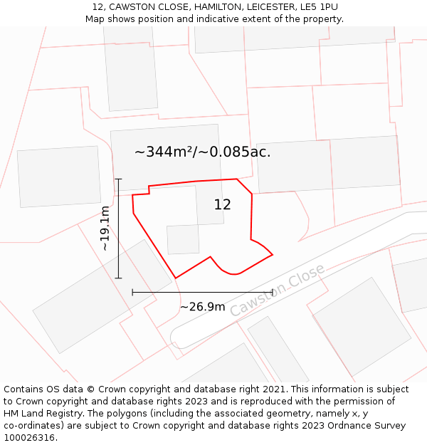 12, CAWSTON CLOSE, HAMILTON, LEICESTER, LE5 1PU: Plot and title map