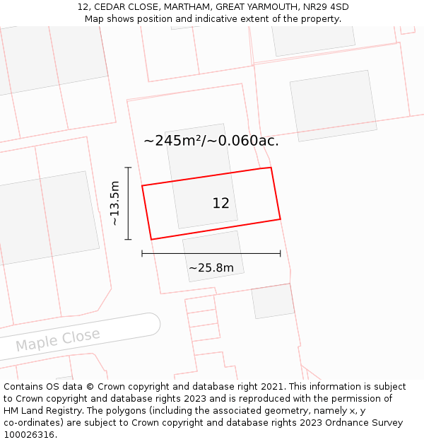 12, CEDAR CLOSE, MARTHAM, GREAT YARMOUTH, NR29 4SD: Plot and title map