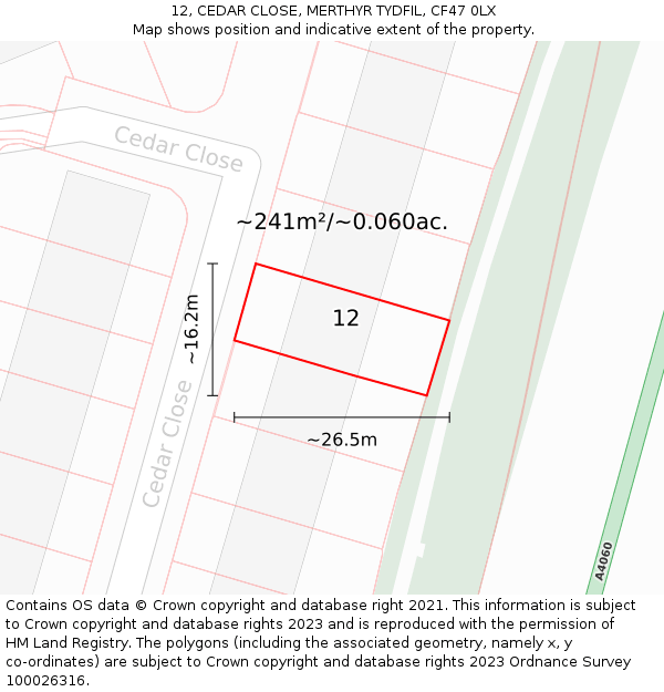 12, CEDAR CLOSE, MERTHYR TYDFIL, CF47 0LX: Plot and title map