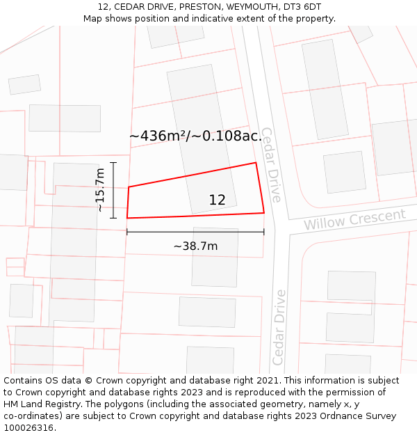 12, CEDAR DRIVE, PRESTON, WEYMOUTH, DT3 6DT: Plot and title map