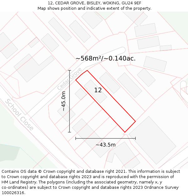12, CEDAR GROVE, BISLEY, WOKING, GU24 9EF: Plot and title map