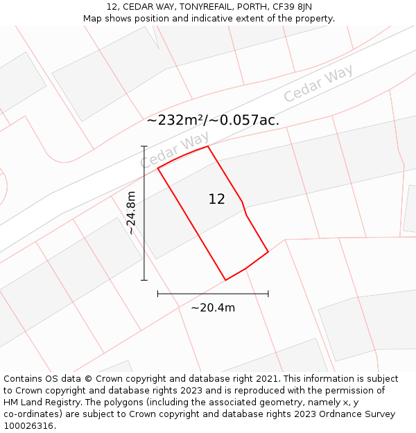 12, CEDAR WAY, TONYREFAIL, PORTH, CF39 8JN: Plot and title map