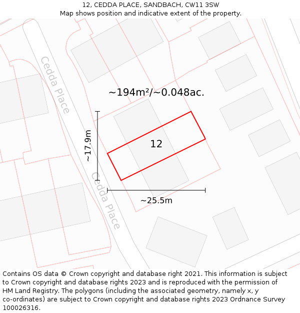 12, CEDDA PLACE, SANDBACH, CW11 3SW: Plot and title map