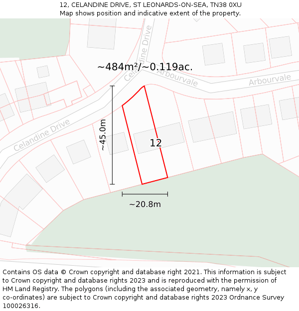 12, CELANDINE DRIVE, ST LEONARDS-ON-SEA, TN38 0XU: Plot and title map