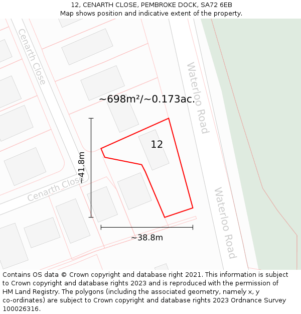 12, CENARTH CLOSE, PEMBROKE DOCK, SA72 6EB: Plot and title map