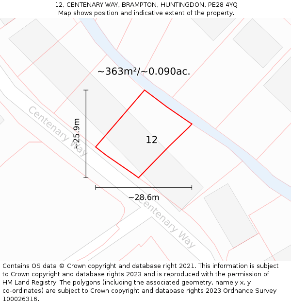 12, CENTENARY WAY, BRAMPTON, HUNTINGDON, PE28 4YQ: Plot and title map