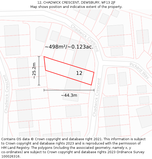 12, CHADWICK CRESCENT, DEWSBURY, WF13 2JF: Plot and title map