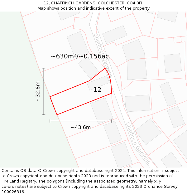 12, CHAFFINCH GARDENS, COLCHESTER, CO4 3FH: Plot and title map