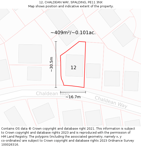 12, CHALDEAN WAY, SPALDING, PE11 3NX: Plot and title map
