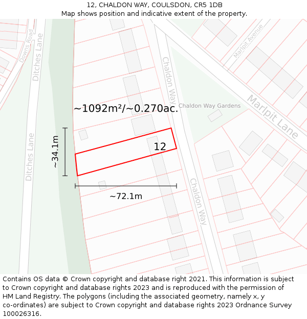 12, CHALDON WAY, COULSDON, CR5 1DB: Plot and title map
