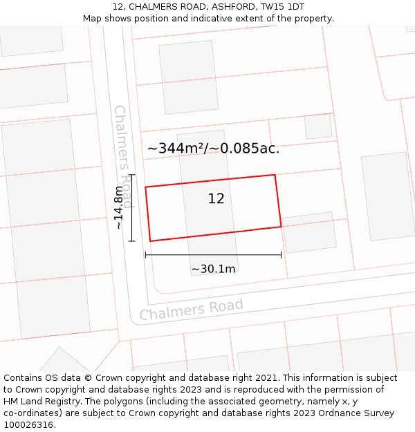 12, CHALMERS ROAD, ASHFORD, TW15 1DT: Plot and title map