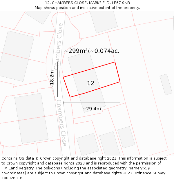 12, CHAMBERS CLOSE, MARKFIELD, LE67 9NB: Plot and title map