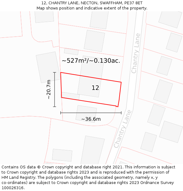 12, CHANTRY LANE, NECTON, SWAFFHAM, PE37 8ET: Plot and title map