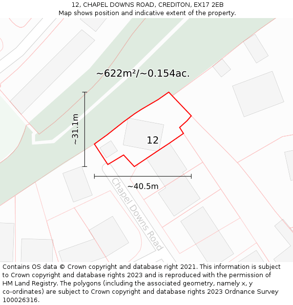 12, CHAPEL DOWNS ROAD, CREDITON, EX17 2EB: Plot and title map